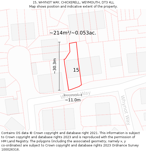 15, WHYNOT WAY, CHICKERELL, WEYMOUTH, DT3 4LL: Plot and title map