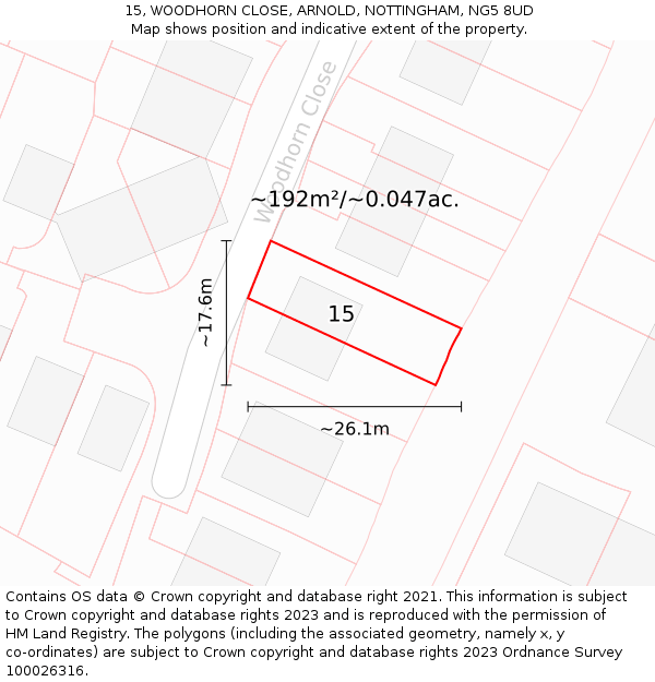 15, WOODHORN CLOSE, ARNOLD, NOTTINGHAM, NG5 8UD: Plot and title map