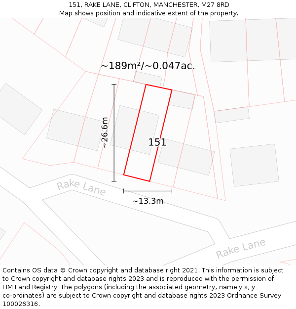 151, RAKE LANE, CLIFTON, MANCHESTER, M27 8RD: Plot and title map