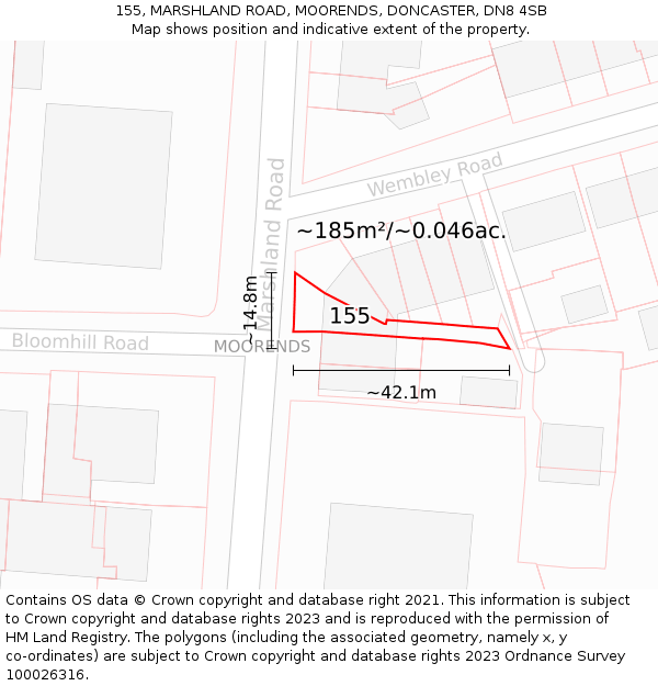 155, MARSHLAND ROAD, MOORENDS, DONCASTER, DN8 4SB: Plot and title map