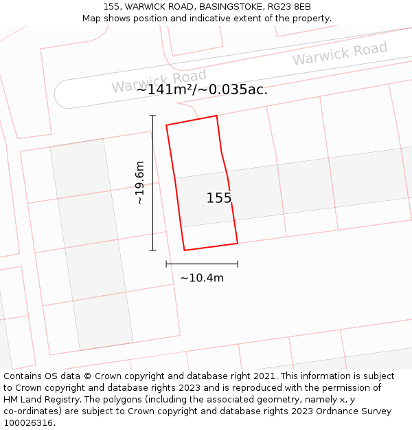 155, WARWICK ROAD, BASINGSTOKE, RG23 8EB: Plot and title map