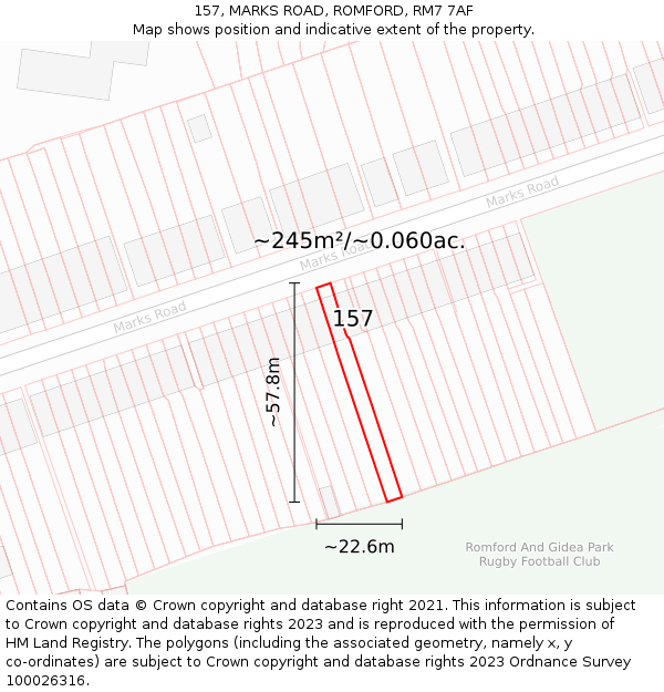 157, MARKS ROAD, ROMFORD, RM7 7AF: Plot and title map