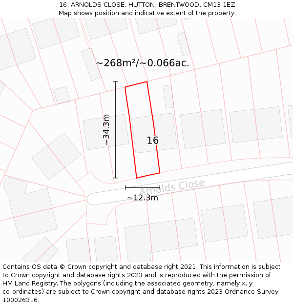 16, ARNOLDS CLOSE, HUTTON, BRENTWOOD, CM13 1EZ: Plot and title map