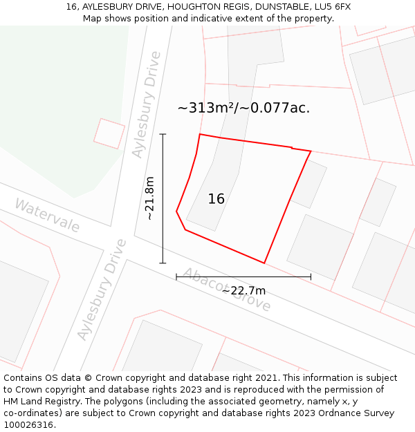 16, AYLESBURY DRIVE, HOUGHTON REGIS, DUNSTABLE, LU5 6FX: Plot and title map