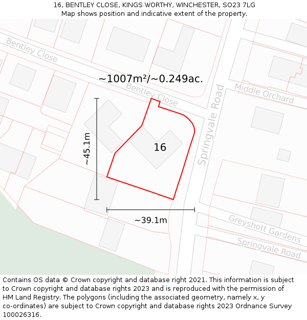 16, BENTLEY CLOSE, KINGS WORTHY, WINCHESTER, SO23 7LG: Plot and title map
