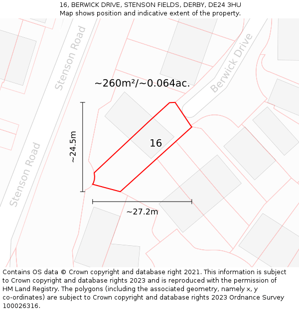 16, BERWICK DRIVE, STENSON FIELDS, DERBY, DE24 3HU: Plot and title map