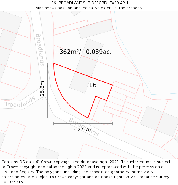 16, BROADLANDS, BIDEFORD, EX39 4PH: Plot and title map