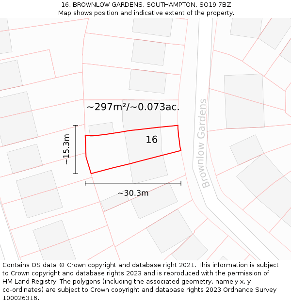 16, BROWNLOW GARDENS, SOUTHAMPTON, SO19 7BZ: Plot and title map