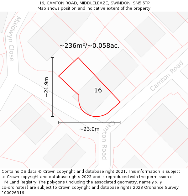 16, CAMTON ROAD, MIDDLELEAZE, SWINDON, SN5 5TP: Plot and title map