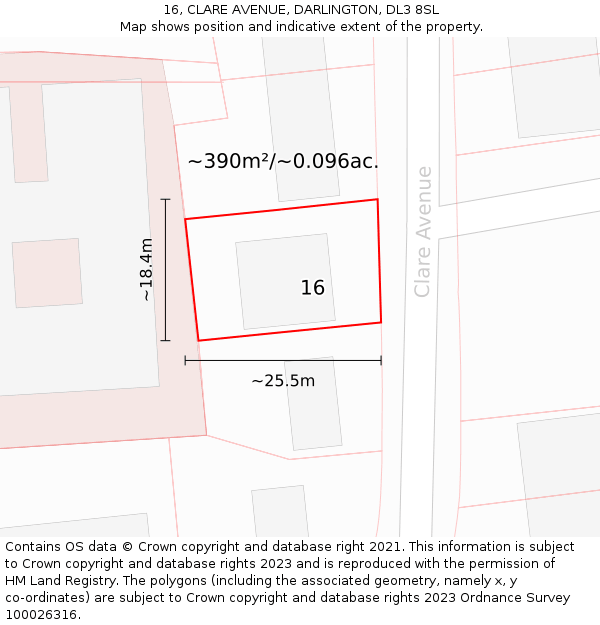 16, CLARE AVENUE, DARLINGTON, DL3 8SL: Plot and title map