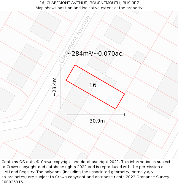 16, CLAREMONT AVENUE, BOURNEMOUTH, BH9 3EZ: Plot and title map