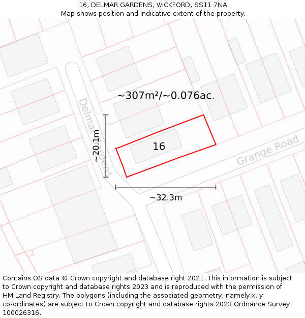 16, DELMAR GARDENS, WICKFORD, SS11 7NA: Plot and title map