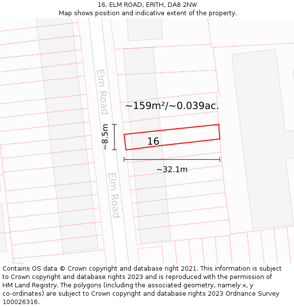 16, ELM ROAD, ERITH, DA8 2NW: Plot and title map