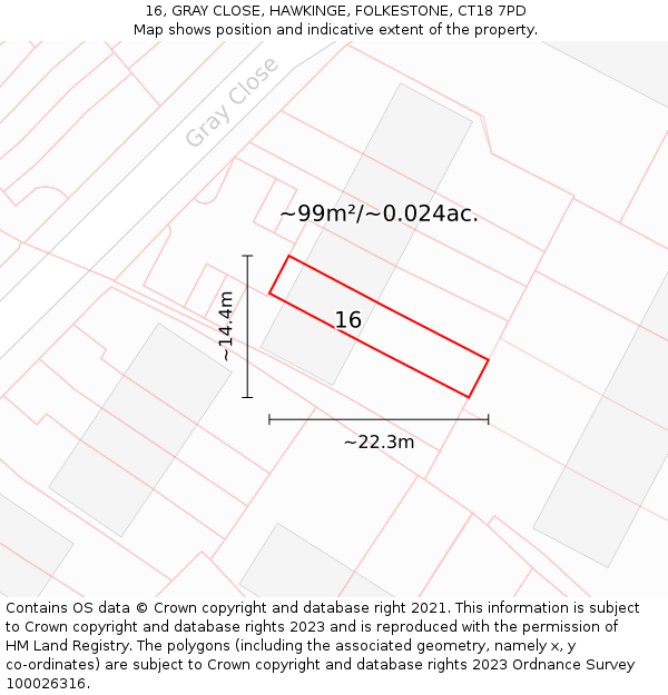 16, GRAY CLOSE, HAWKINGE, FOLKESTONE, CT18 7PD: Plot and title map