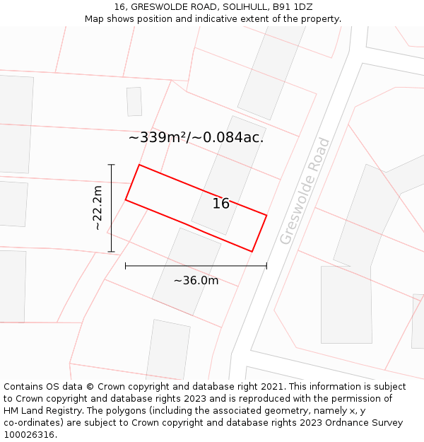 16, GRESWOLDE ROAD, SOLIHULL, B91 1DZ: Plot and title map