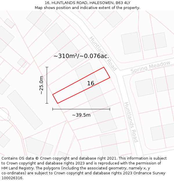 16, HUNTLANDS ROAD, HALESOWEN, B63 4LY: Plot and title map