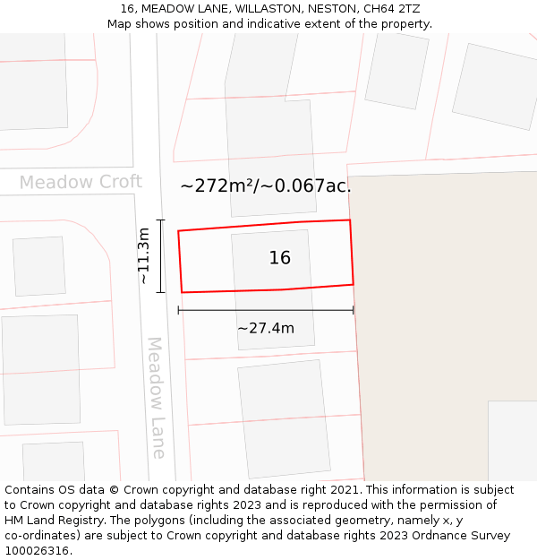 16, MEADOW LANE, WILLASTON, NESTON, CH64 2TZ: Plot and title map