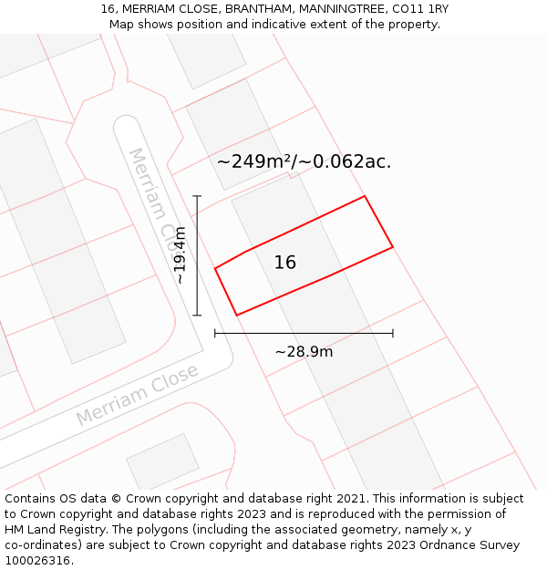 16, MERRIAM CLOSE, BRANTHAM, MANNINGTREE, CO11 1RY: Plot and title map