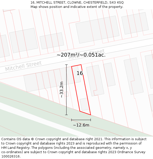 16, MITCHELL STREET, CLOWNE, CHESTERFIELD, S43 4SQ: Plot and title map