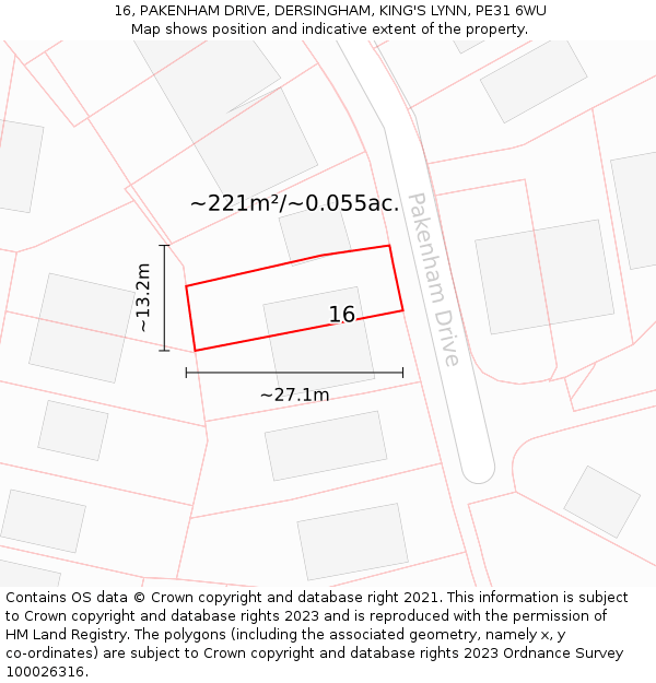 16, PAKENHAM DRIVE, DERSINGHAM, KING'S LYNN, PE31 6WU: Plot and title map