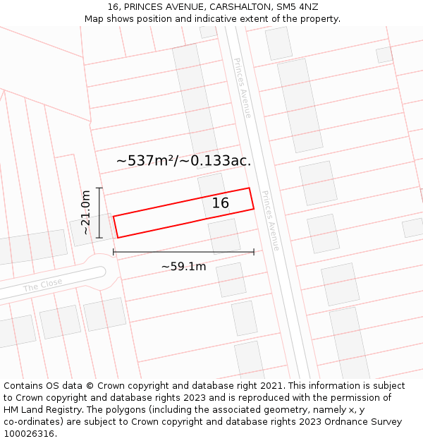16, PRINCES AVENUE, CARSHALTON, SM5 4NZ: Plot and title map