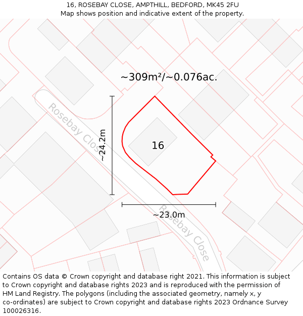 16, ROSEBAY CLOSE, AMPTHILL, BEDFORD, MK45 2FU: Plot and title map