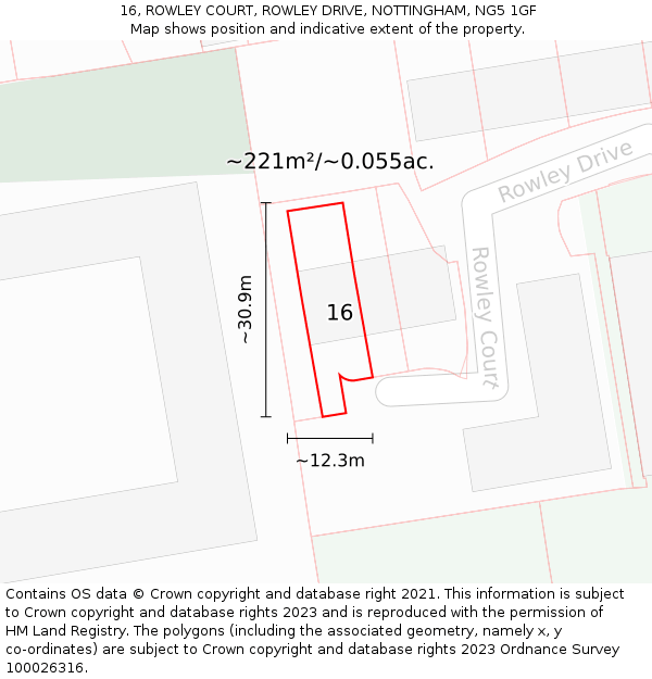 16, ROWLEY COURT, ROWLEY DRIVE, NOTTINGHAM, NG5 1GF: Plot and title map