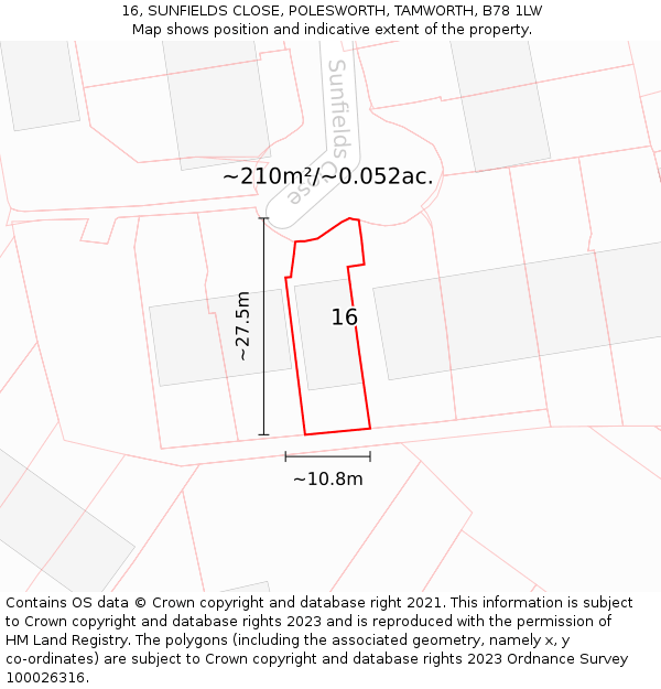 16, SUNFIELDS CLOSE, POLESWORTH, TAMWORTH, B78 1LW: Plot and title map