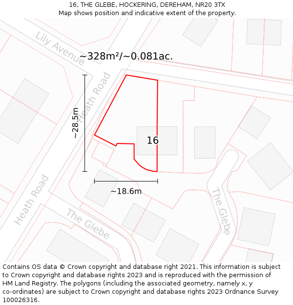 16, THE GLEBE, HOCKERING, DEREHAM, NR20 3TX: Plot and title map