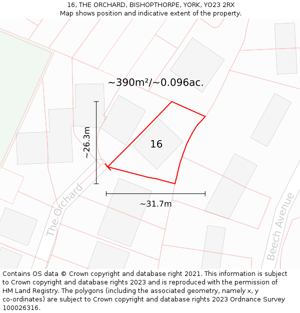 16, THE ORCHARD, BISHOPTHORPE, YORK, YO23 2RX: Plot and title map
