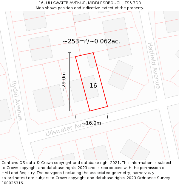 16, ULLSWATER AVENUE, MIDDLESBROUGH, TS5 7DR: Plot and title map