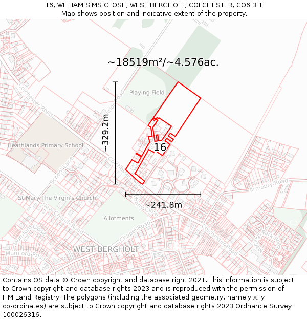 16, WILLIAM SIMS CLOSE, WEST BERGHOLT, COLCHESTER, CO6 3FF: Plot and title map
