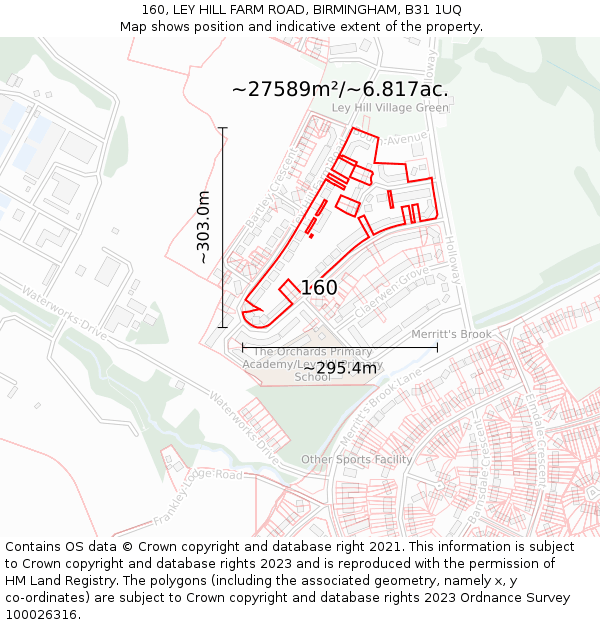 160, LEY HILL FARM ROAD, BIRMINGHAM, B31 1UQ: Plot and title map