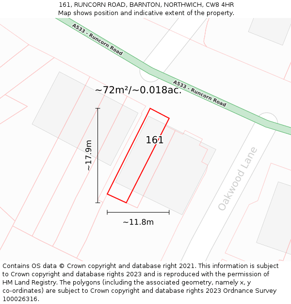 161, RUNCORN ROAD, BARNTON, NORTHWICH, CW8 4HR: Plot and title map
