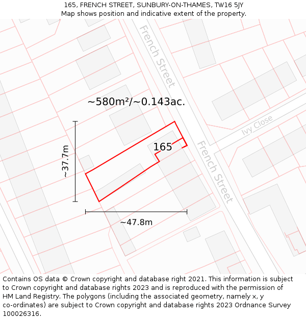 165, FRENCH STREET, SUNBURY-ON-THAMES, TW16 5JY: Plot and title map