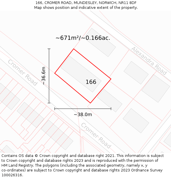 166, CROMER ROAD, MUNDESLEY, NORWICH, NR11 8DF: Plot and title map