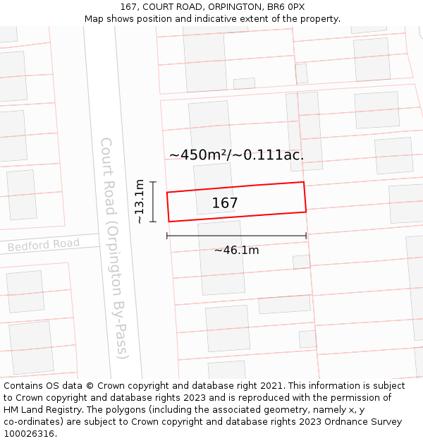 167, COURT ROAD, ORPINGTON, BR6 0PX: Plot and title map