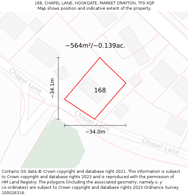 168, CHAPEL LANE, HOOKGATE, MARKET DRAYTON, TF9 4QP: Plot and title map