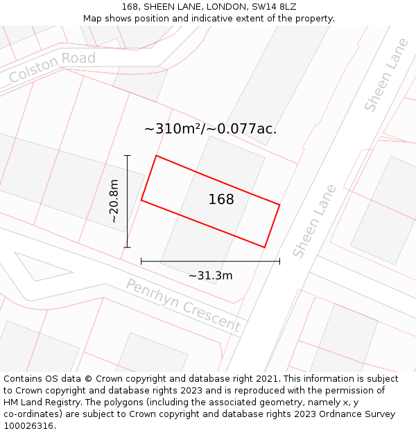 168, SHEEN LANE, LONDON, SW14 8LZ: Plot and title map
