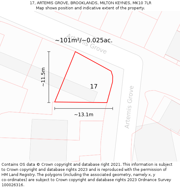 17, ARTEMIS GROVE, BROOKLANDS, MILTON KEYNES, MK10 7LR: Plot and title map
