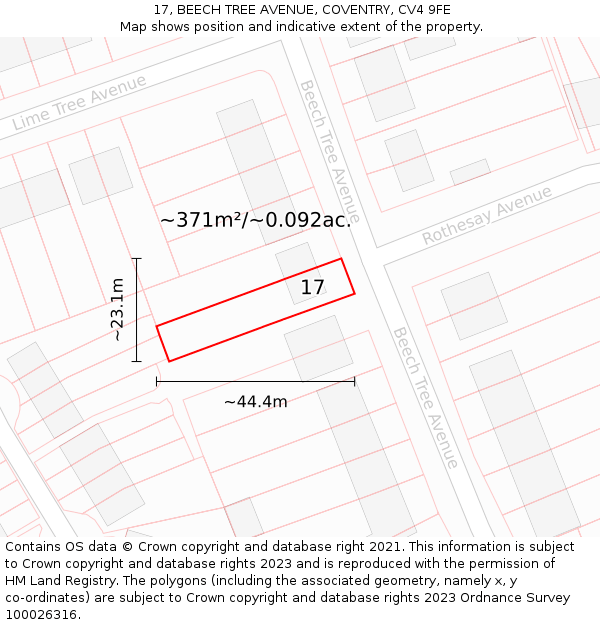 17, BEECH TREE AVENUE, COVENTRY, CV4 9FE: Plot and title map