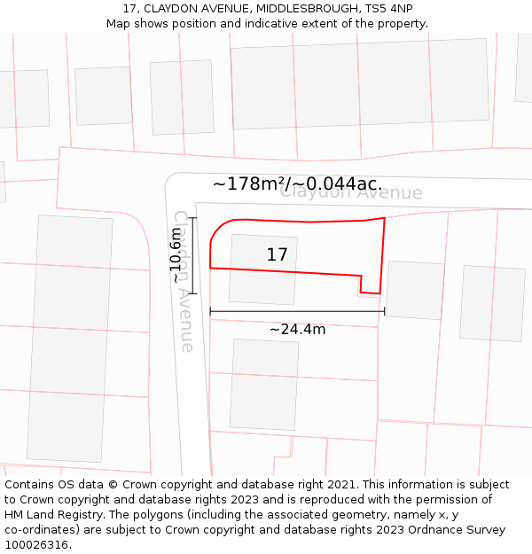 17, CLAYDON AVENUE, MIDDLESBROUGH, TS5 4NP: Plot and title map