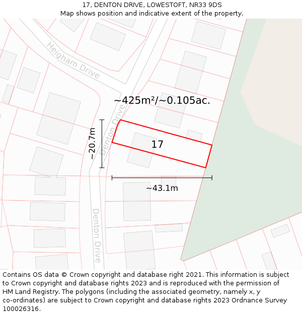 17, DENTON DRIVE, LOWESTOFT, NR33 9DS: Plot and title map
