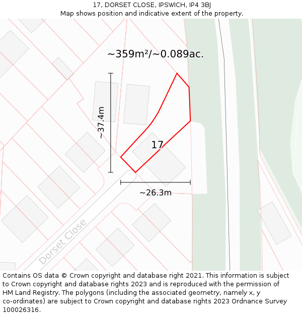 17, DORSET CLOSE, IPSWICH, IP4 3BJ: Plot and title map