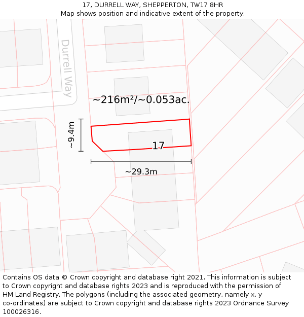 17, DURRELL WAY, SHEPPERTON, TW17 8HR: Plot and title map