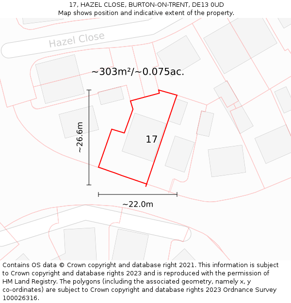 17, HAZEL CLOSE, BURTON-ON-TRENT, DE13 0UD: Plot and title map