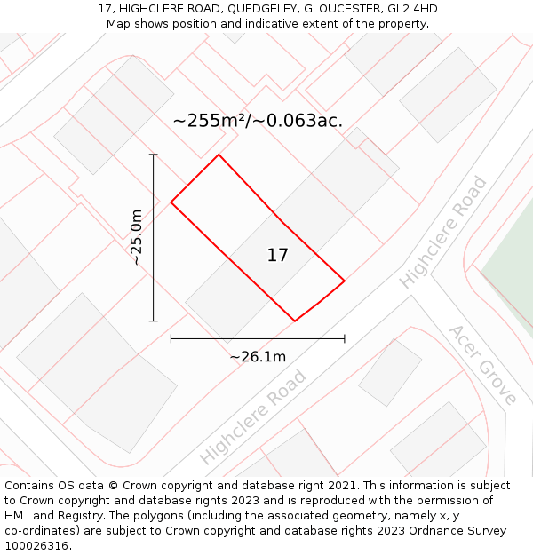 17, HIGHCLERE ROAD, QUEDGELEY, GLOUCESTER, GL2 4HD: Plot and title map