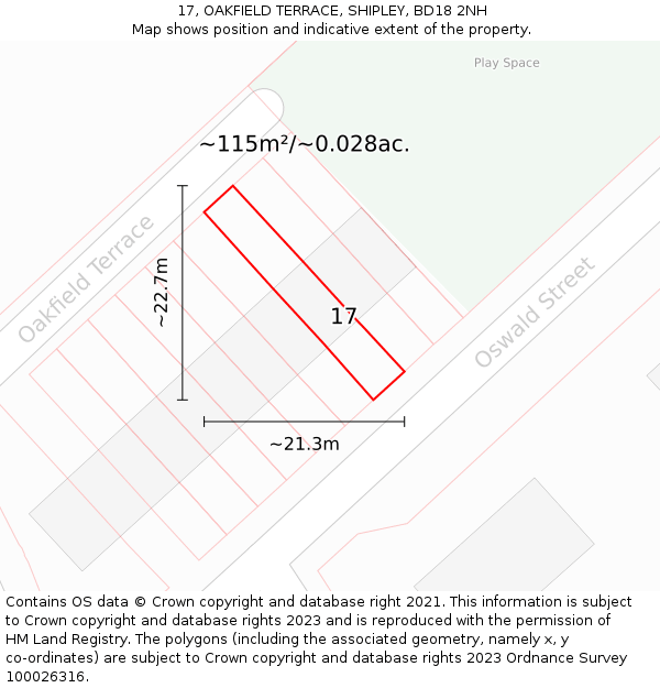 17, OAKFIELD TERRACE, SHIPLEY, BD18 2NH: Plot and title map
