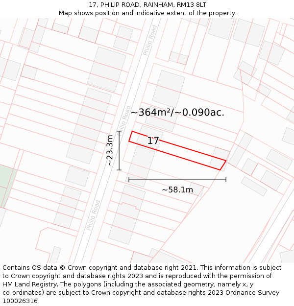17, PHILIP ROAD, RAINHAM, RM13 8LT: Plot and title map