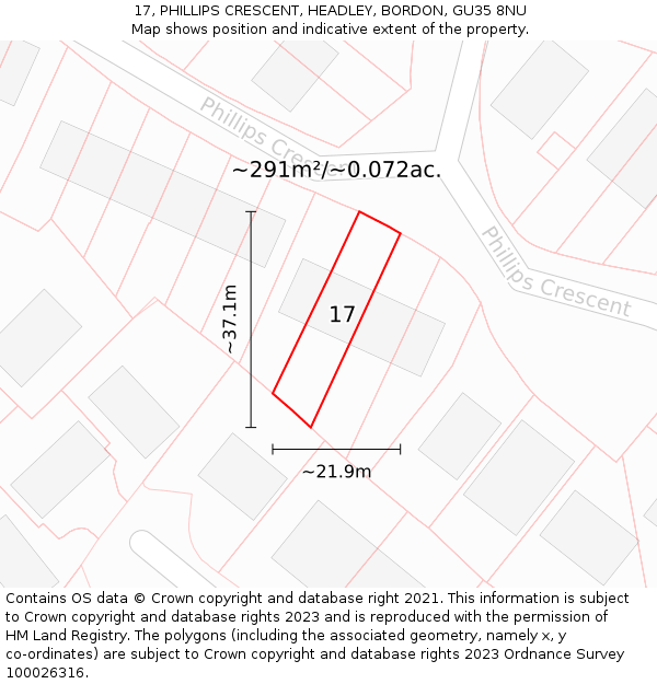 17, PHILLIPS CRESCENT, HEADLEY, BORDON, GU35 8NU: Plot and title map